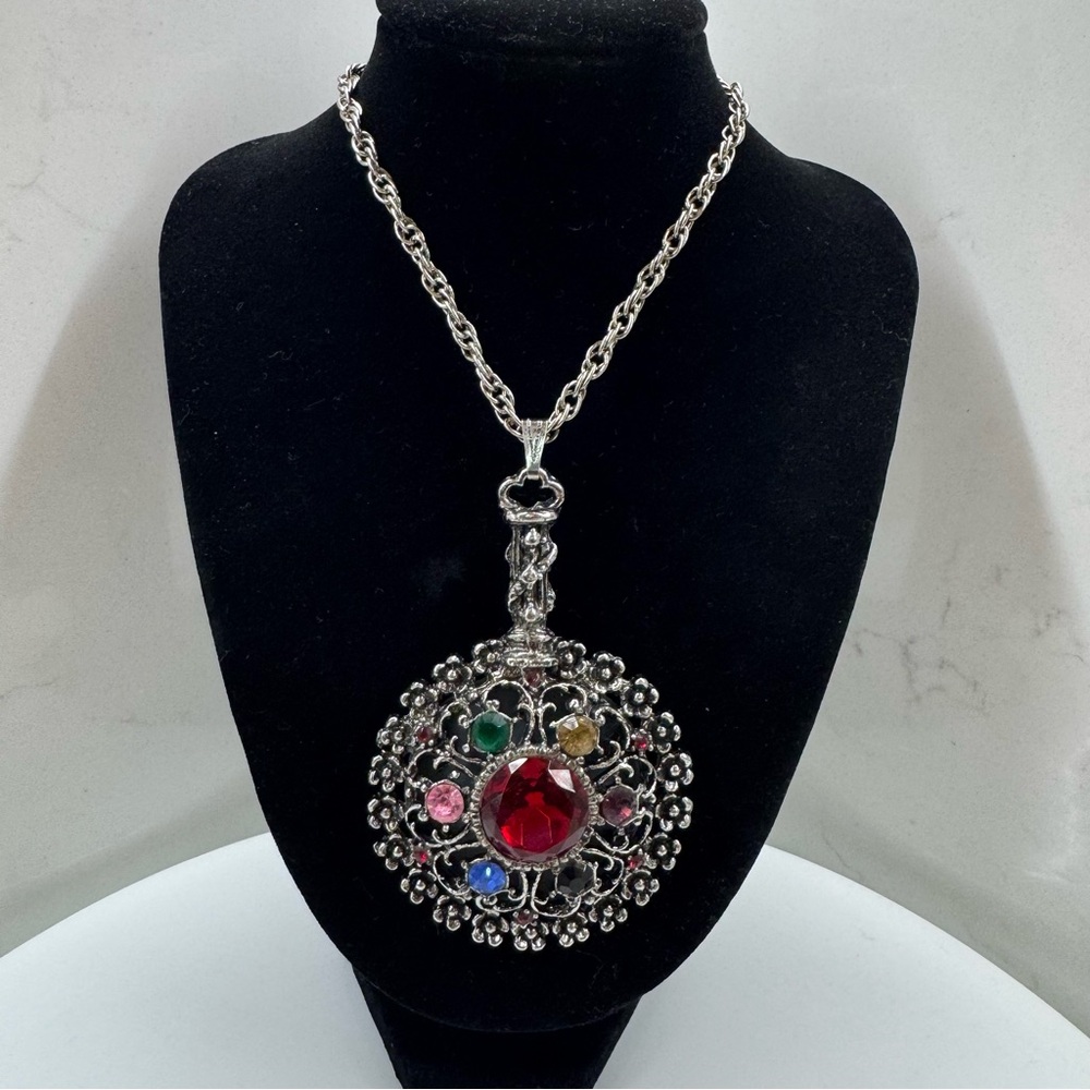 Vintage Statement Mirror Pendant Necklace–Multicolor Rhinestones Ornate Filigree
